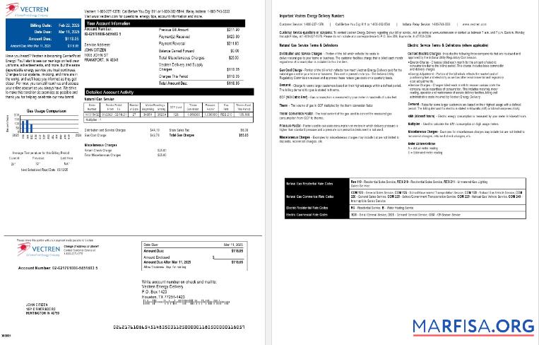 Realistic USA Ohio Vectren gas utility bill, version 2 download for verification